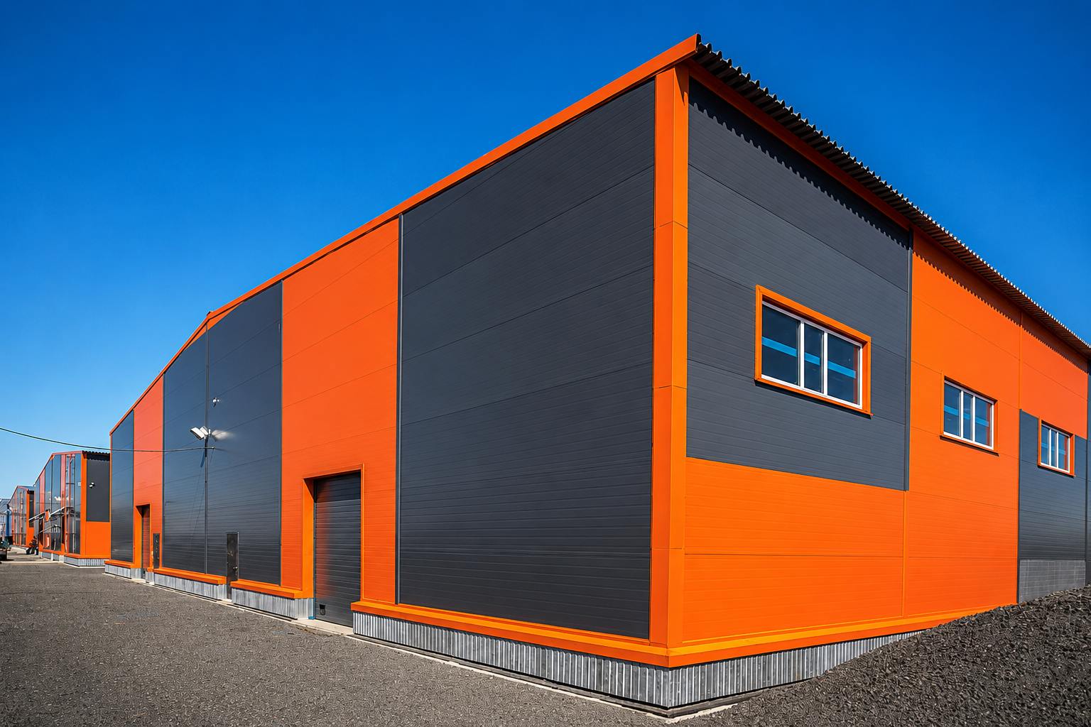 Corner sandwich panel on an industrial building in Saint Petersburg region